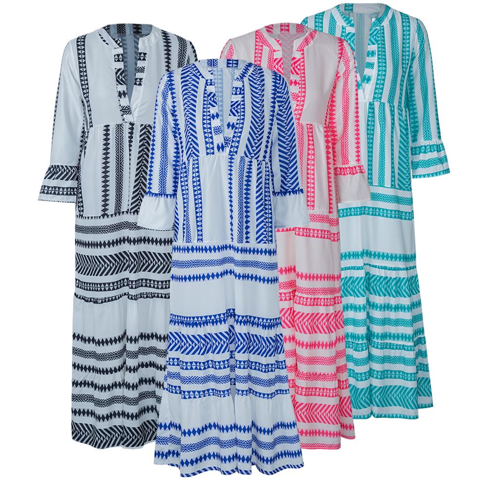 Women Dress Beach Wear Printed V Neck Long Sleeves Party Bohemian Casual Long Dresses