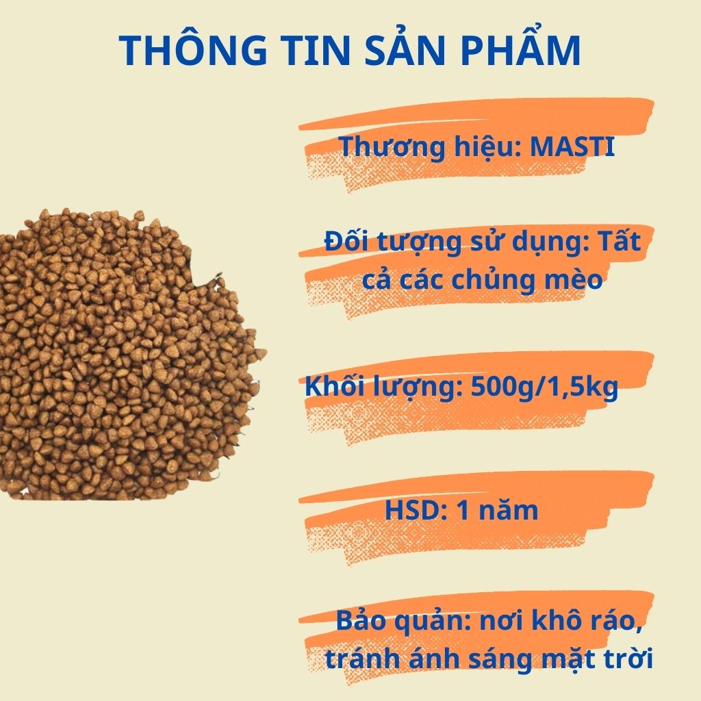 Thức ăn Hạt MASTI chứa tới 28% Đạm động vật dành cho mèo - gói 500g/1,5kg