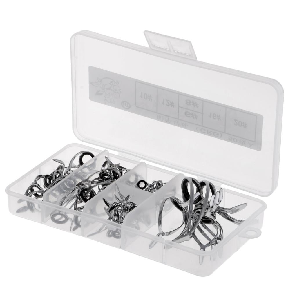 50Pcs Fishing Rod Guides Eye Rings Parts DIY Tips Top Pole Repair Kit 4-14mm