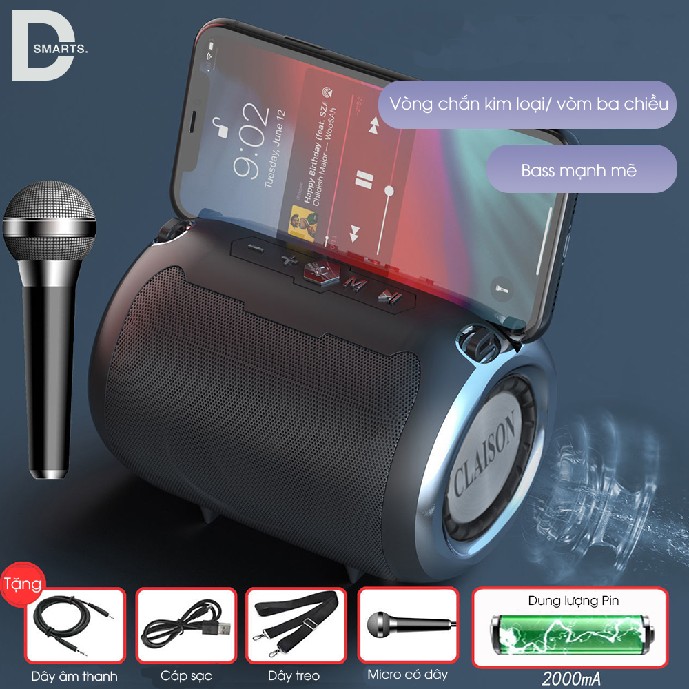 Loa Bluetooth 5.0 Claison 519 Hỗ Trợ Thẻ Micro SD &amp; USB &amp; AUX 1 Loa TREBLE + 2 Loa BASS Tặng Micro Hát Karaoke