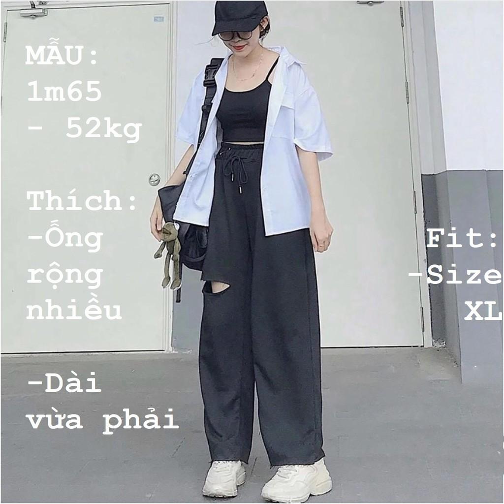 Quần Baggy Unisex, Chất liệu nỉ Ống Rộng Rách Gối, Cạp Cao Thun Dài SANMAY-QD001