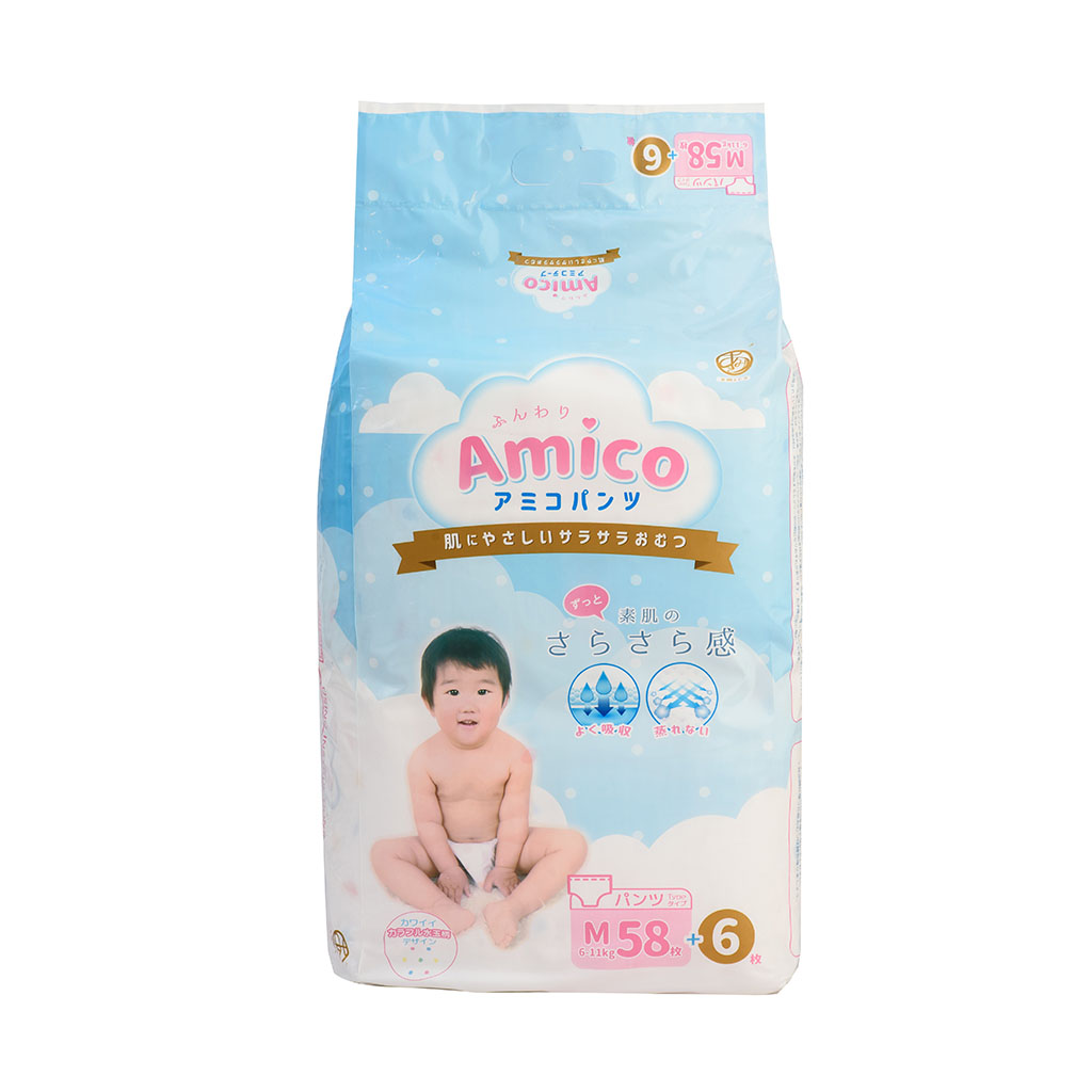 Bỉm - Tã quần Amico size M 58 + 6 miếng (Cho bé 6 - 11kg)