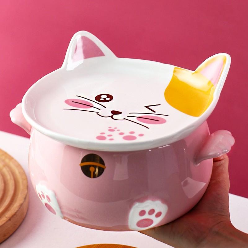 Tô Ăn Mỳ Dung Tích Lớn Có Nắp Đậy Hình Tai Mèo Dễ Thương Anime - Bát Tô Sứ 1080ml Cute