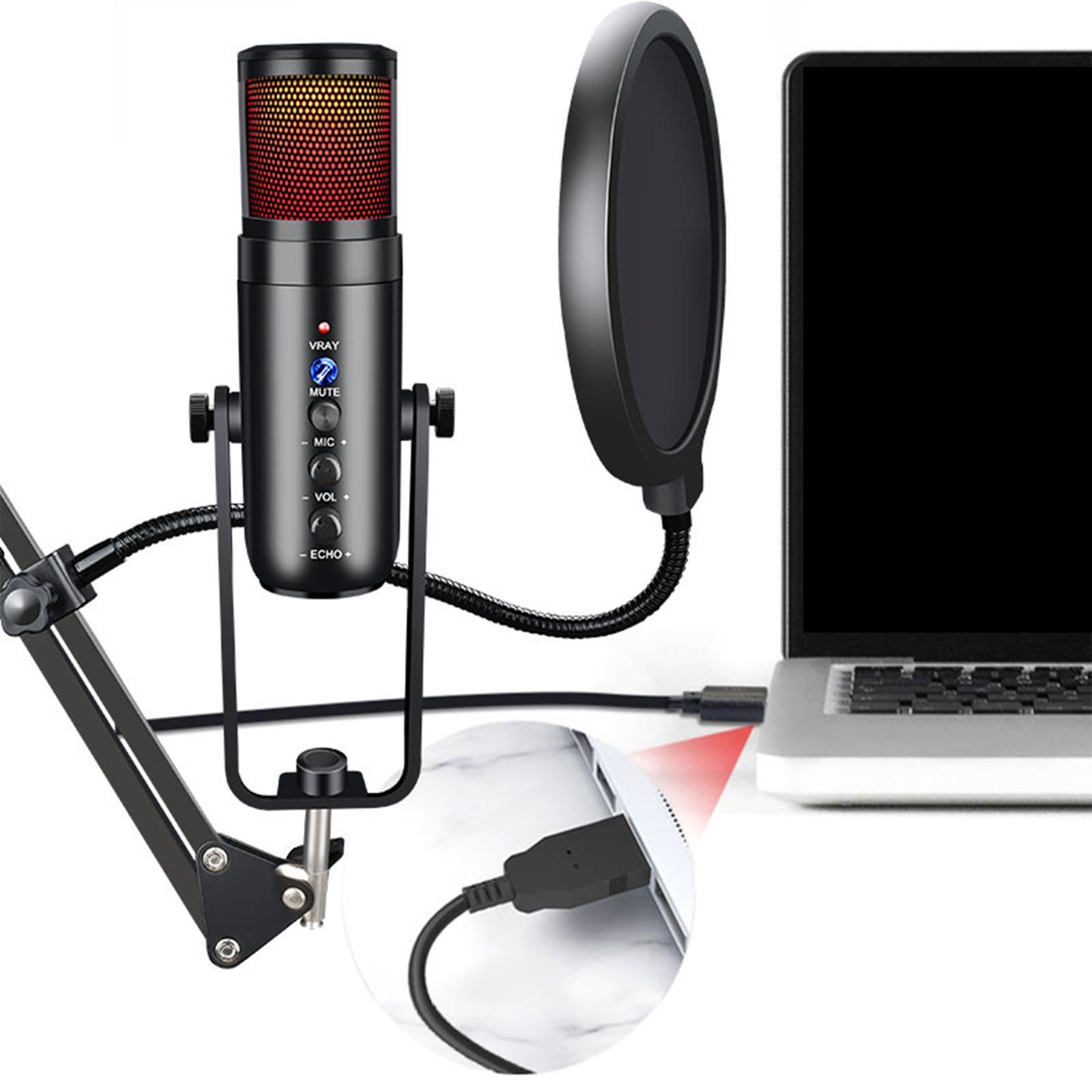 USB Computer Microphone Cardioid  Work Mic Condenser Microphone for PC Laptop Desktop with RGB Light Mute Button