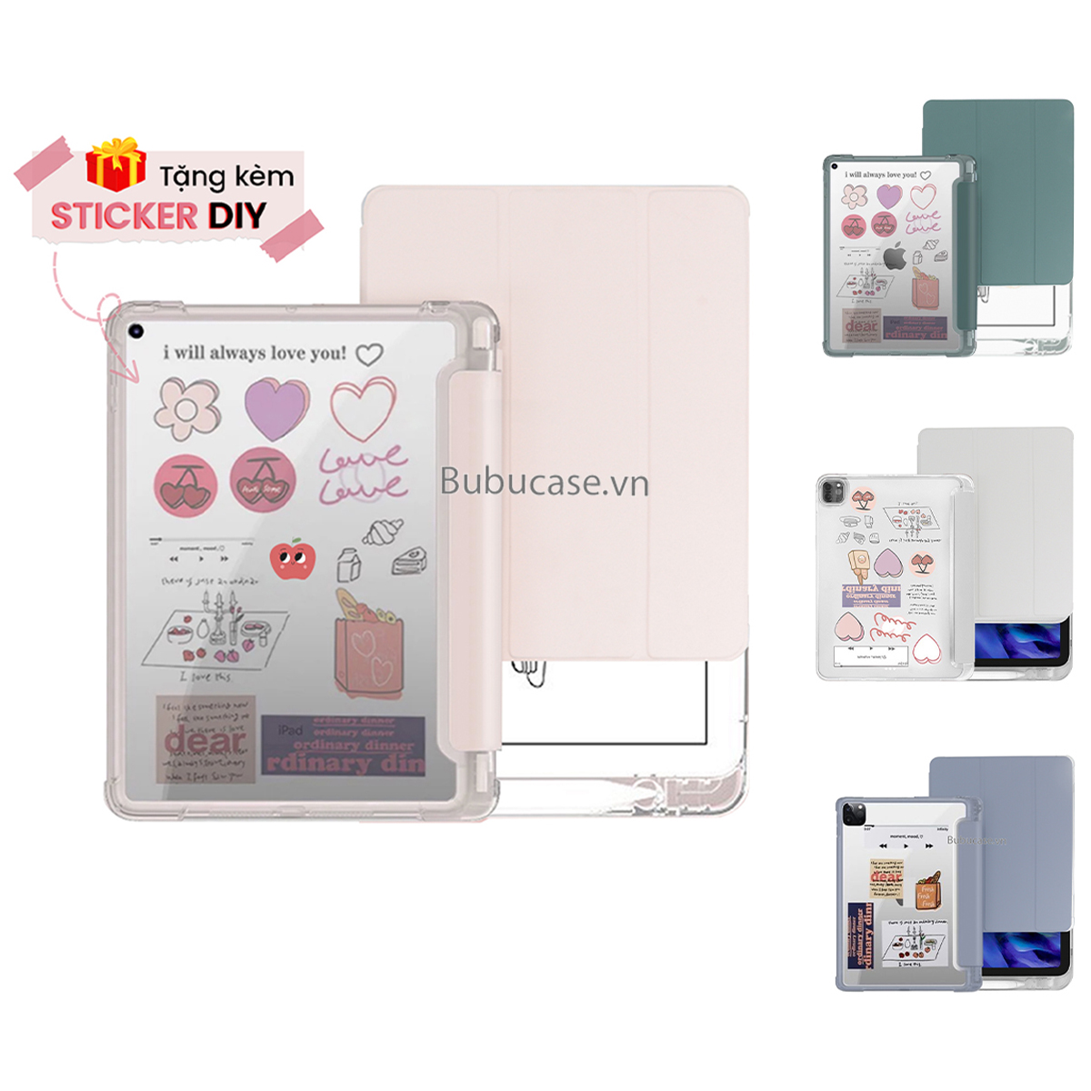 Bao Da Cho iPad Màu Pastel, Có Khay Đựng Bút, Mặt Lưng Silicone Trong Mờ - Tặng Kèm Sticker DIY Cá Tính