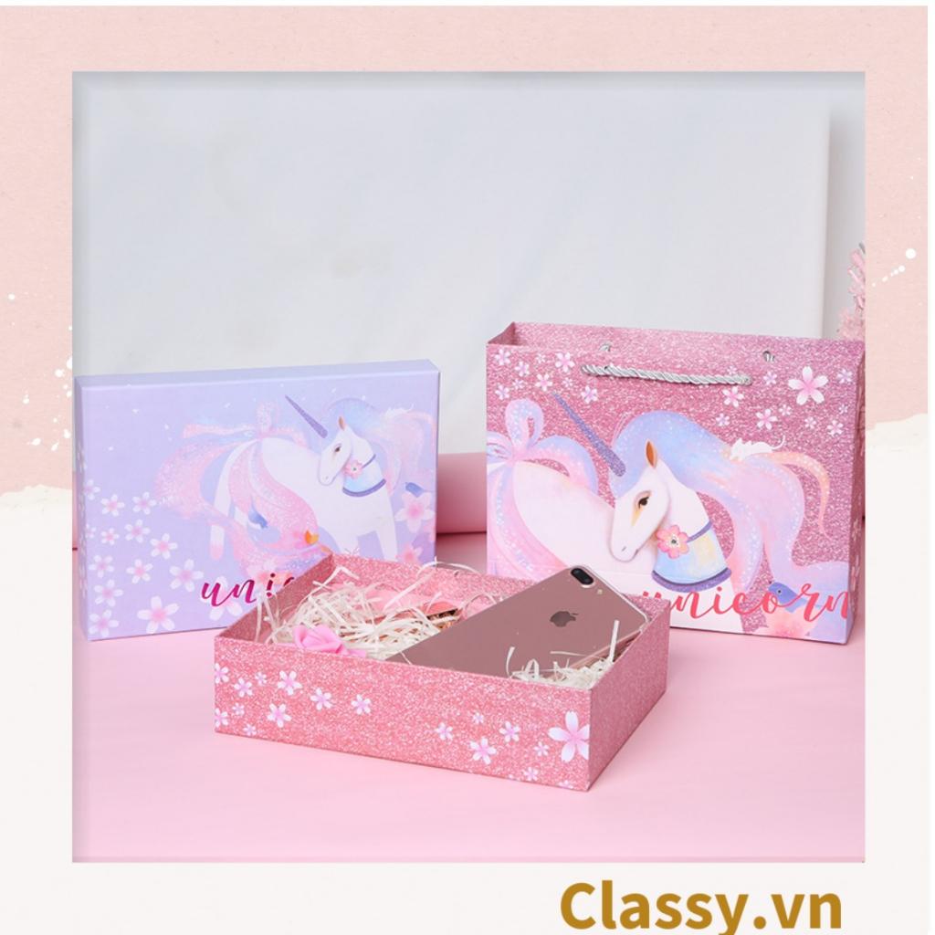 Túi giấy hoặc Hộp quà giấy cứng Làm quà tặng hoạ tiết chú Kỳ Lân màu hồng siêu dễ thương phong cách châu Âu Q974
