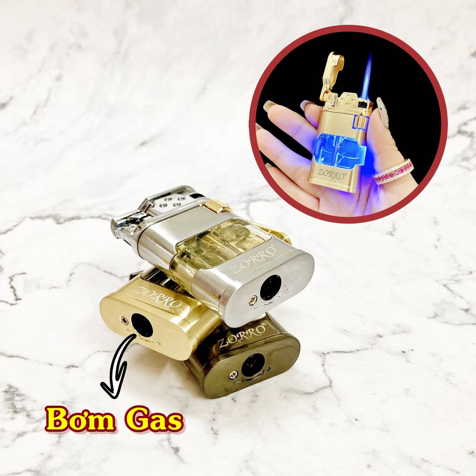 Hộp quẹt bật lửa gas lộ thiên có đèn sang trọng - (xài gas)