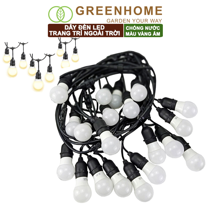 Dây đèn Led trang trí ngoài trời, bộ 5m +10 bóng 3W màu Vàng ấm, chống bụi, chống nước, tiết kiệm điện |Greenhome