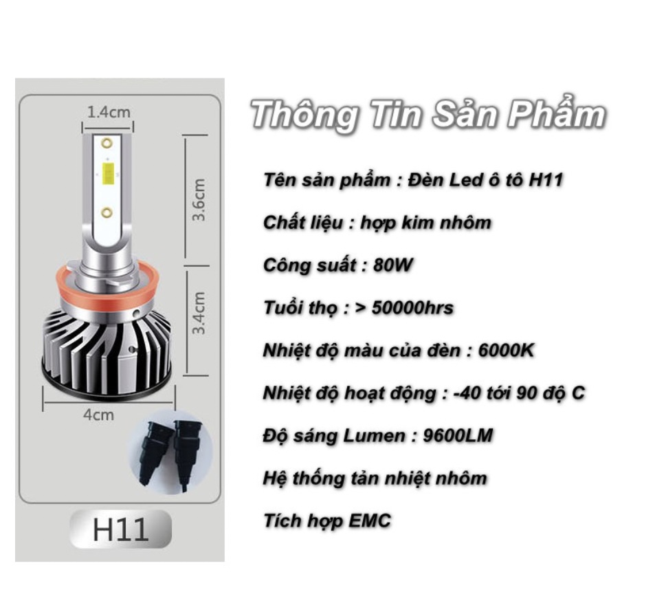 Bộ 2 bóng Đèn Led ô tô chân H11 80w 6000k 9600LM trên 50.000 giờ