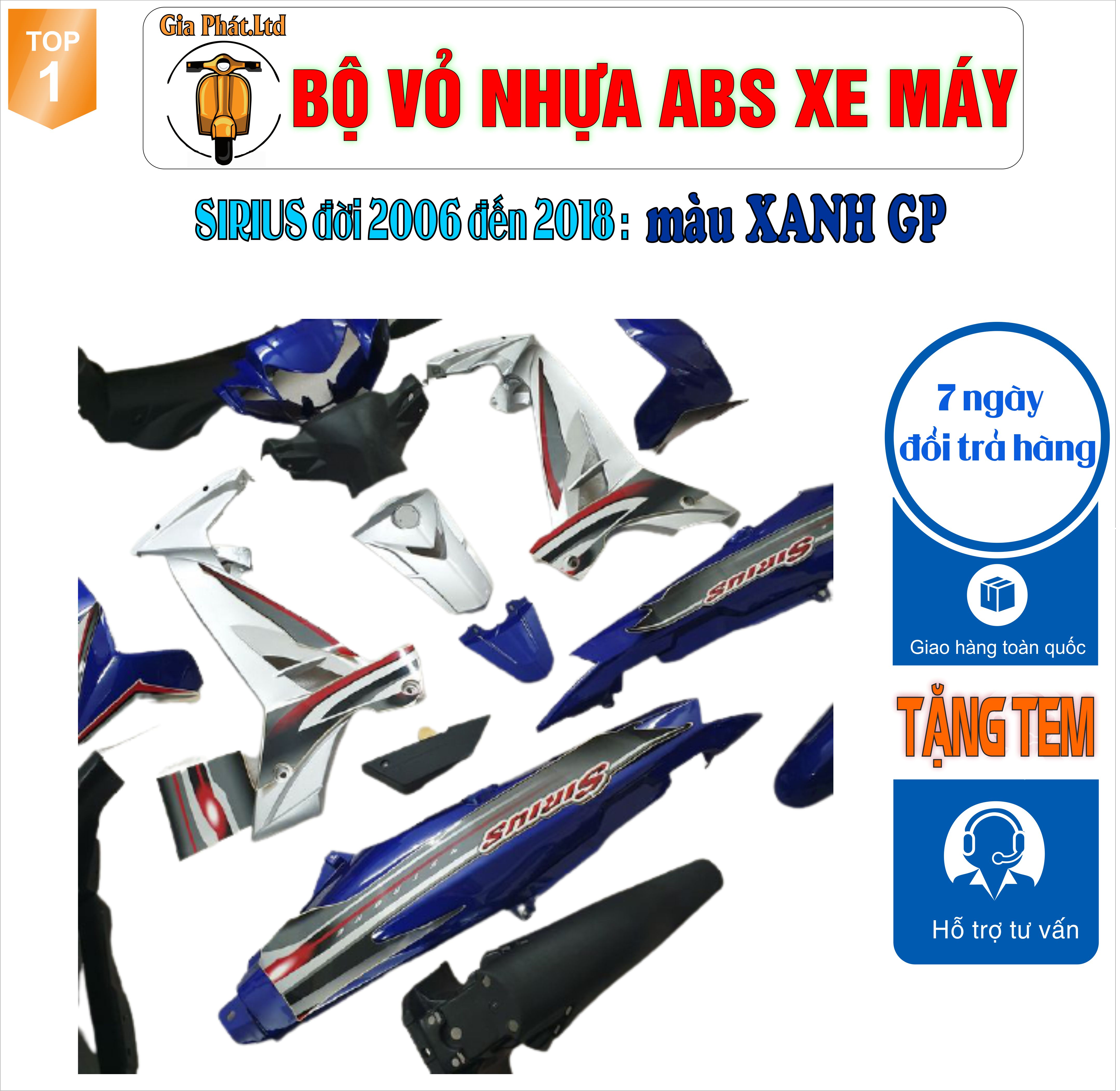 [TẶNG TEM] Bộ nhựa dàn áo xe SIRIUS màu XANH TÍM THAN , nhựa ABS nguyên sinh cao cấp-TKB-669(8280)