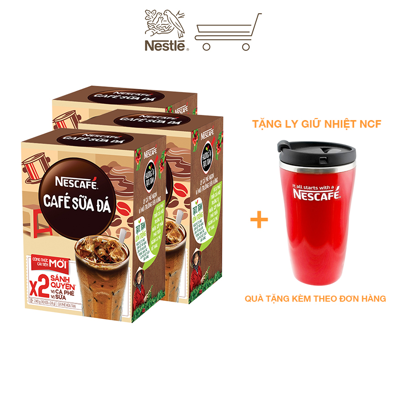 [Tặng ly 2 lớp tiện lợi] Combo 3 hộp cà phê hòa tan Nescafé 3in1 cà phê sữa đá (Hộp 10 gói x 24g)