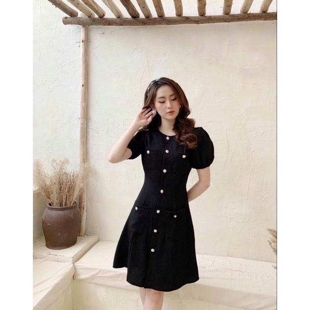 Đầm tay phồng phối nút ngọc sang chảnh - đầm nữ thời trang