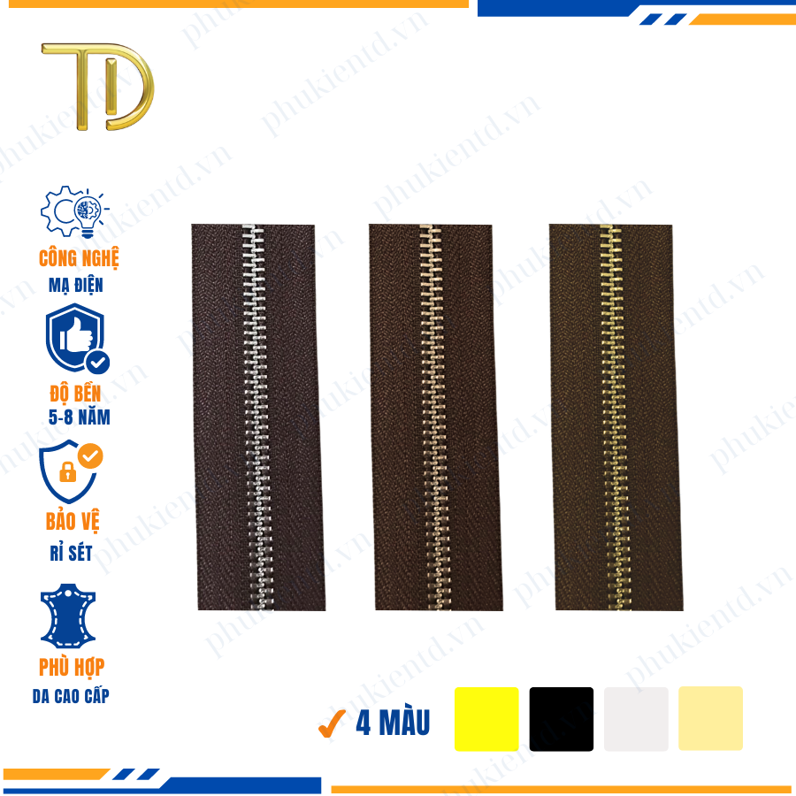 Dây khóa kéo túi xách, dây khóa kéo kim loại, dây khóa kéo răng 3 nâu, Mạ điện độ bền 5-8 năm
