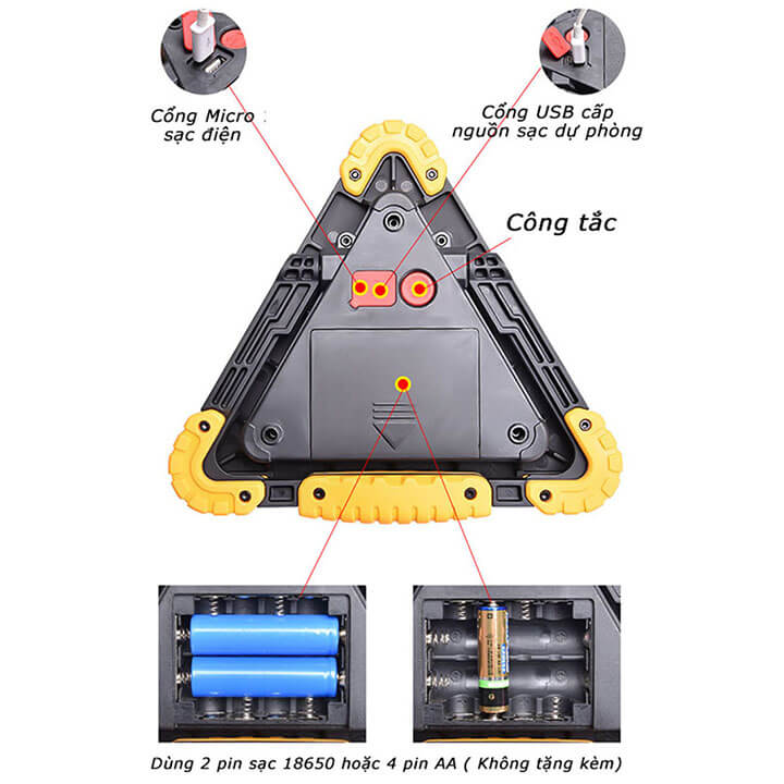 Đèn pin xách tay siêu sáng đa năng kiêm sạc dự phòng, đèn công trường cỡ đại 50W chống nước IP65, sử dụng pin 18650 hoặc pin AA, đèn bão đa năng led 2 màu