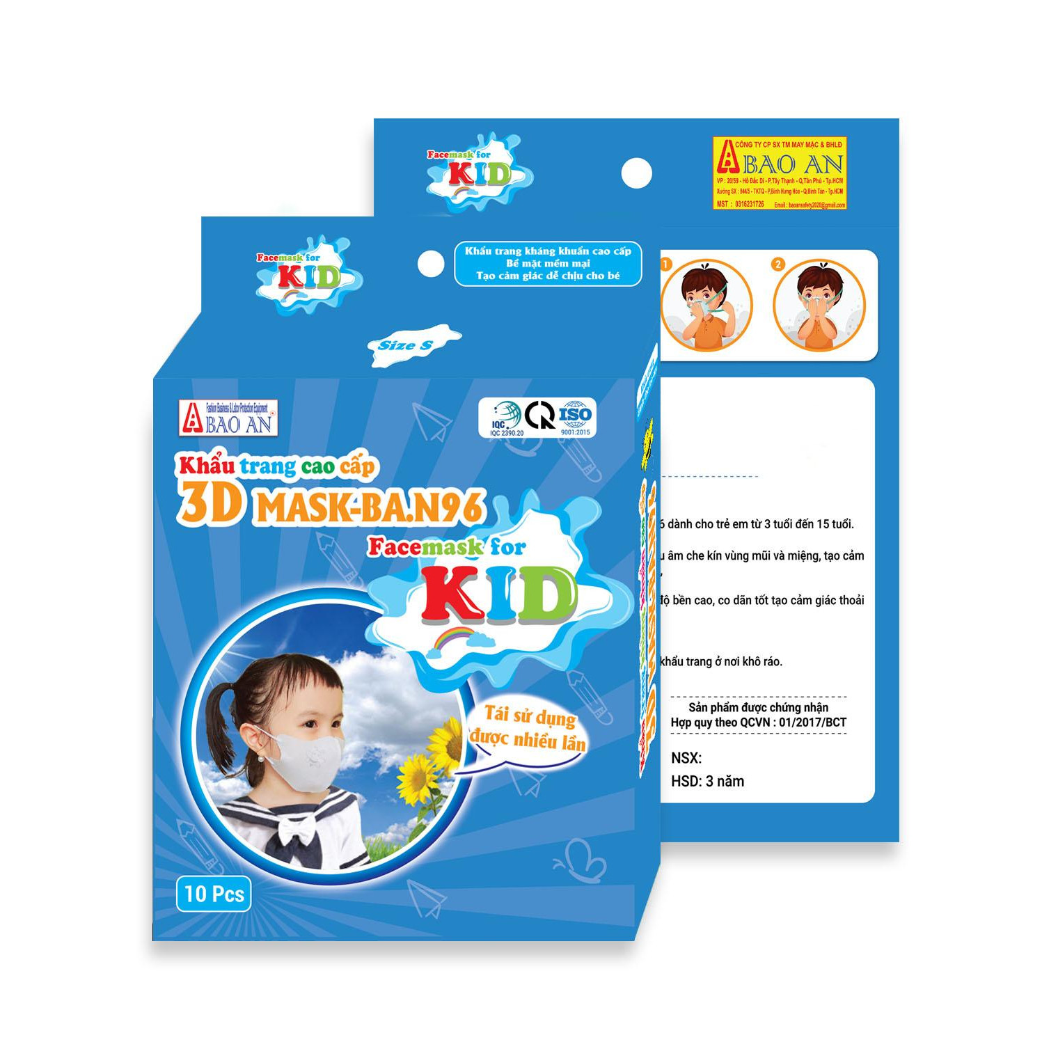 Hộp 10 khẩu trang 3D dành cho học sinh cấp 1-2-3 thương hiệu Bảo An, thiết kế 3 lớp êm ái ôm kín mặt.