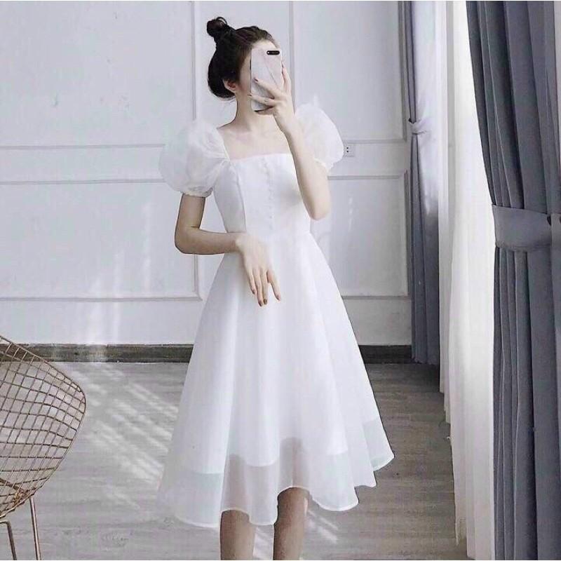 Đầm big size dáng xòe đi dự tiệc voan kiếng xoè cổ vuông tay phồng có mút ngực (Free/big size XL, 2XL) THÍCH HỢP ĐI CHƠI, DẠO PHỐ