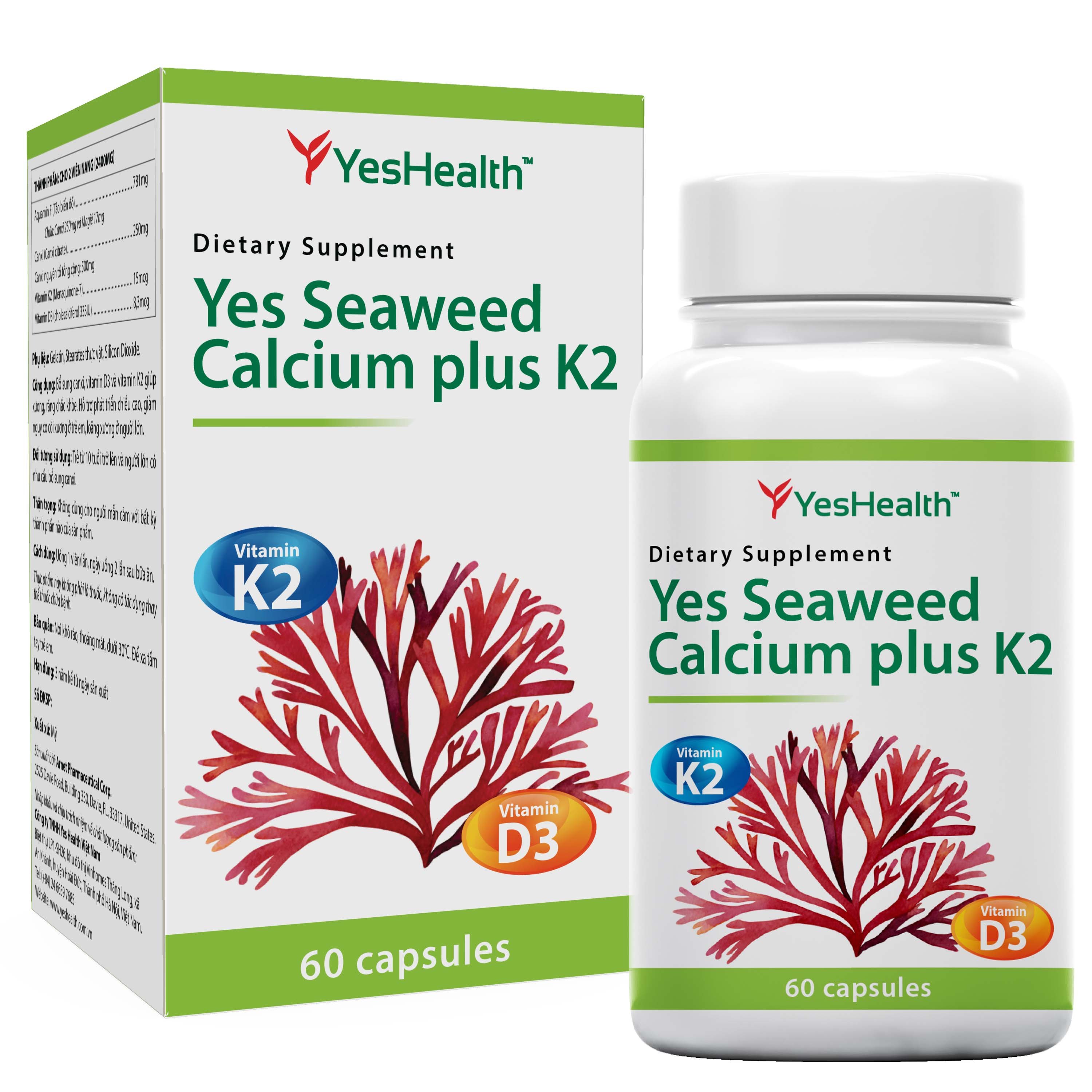 Thực phẩm bảo vệ sức khỏe Yes Health Yes Seaweed Calcium plus K2 - Viên uống bổ sung Canxi tảo biển đỏ, D3, K2, hỗ trợ xương và răng chắc khỏe