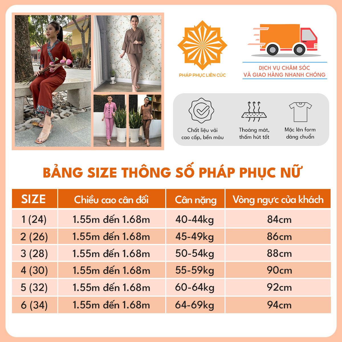 Đồ lam đi chùa nữ - Pháp phục mẫu La Hán vải kate, bền màu không nhăn xưởng may Liên Cúc - TT TC