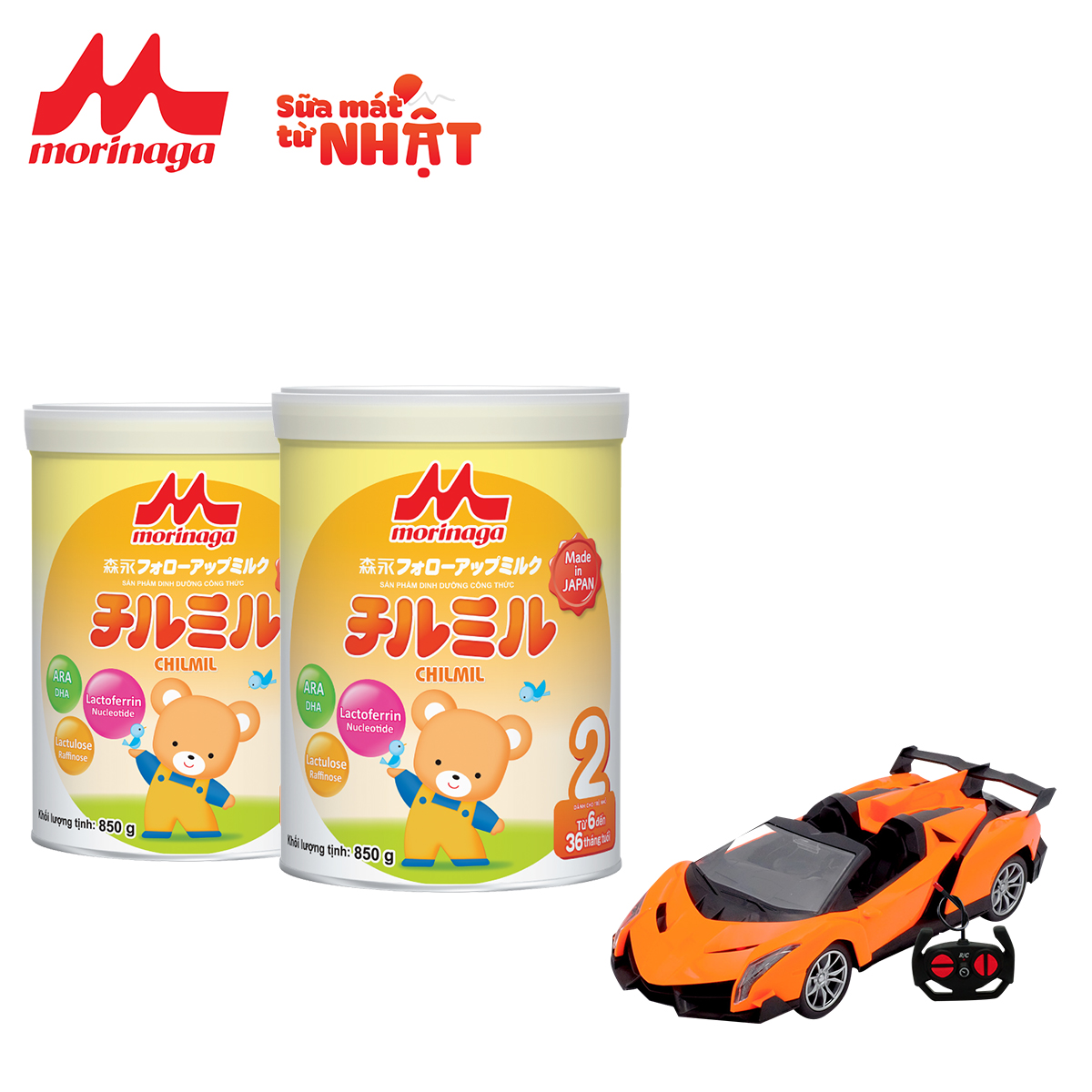 Combo 2 lon sữa Morinaga số 2 Chilmil 850gr + 1 xe điều khiển cho bé