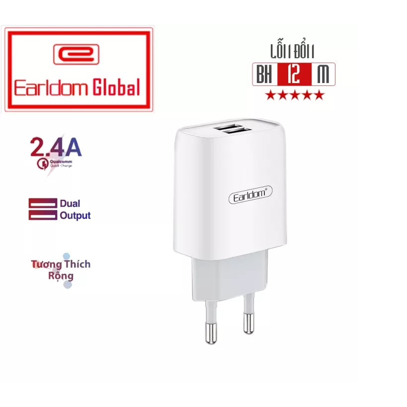 Bộ sạc nhanh Earldom ES - 196 hỗ trợ 2 cổng USB, kèm dây sạc,sạc nhanh tiện lợi, dùng cho iphone ,samsung,oppo - hàng chính hãng