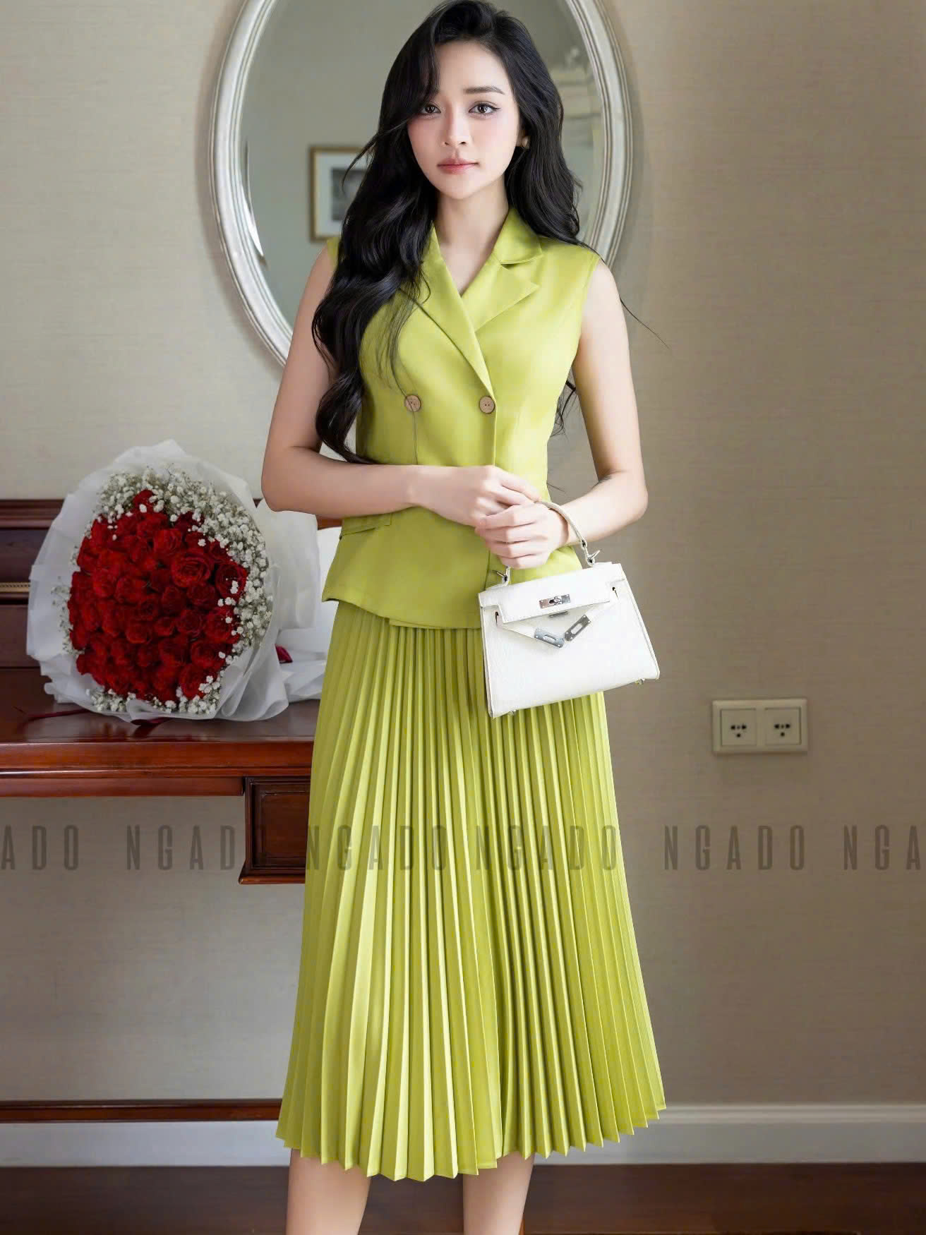 Set áo váy xanh bơ xếp ly NGADO , set áo váy nữ , set công sở , dự tiệc