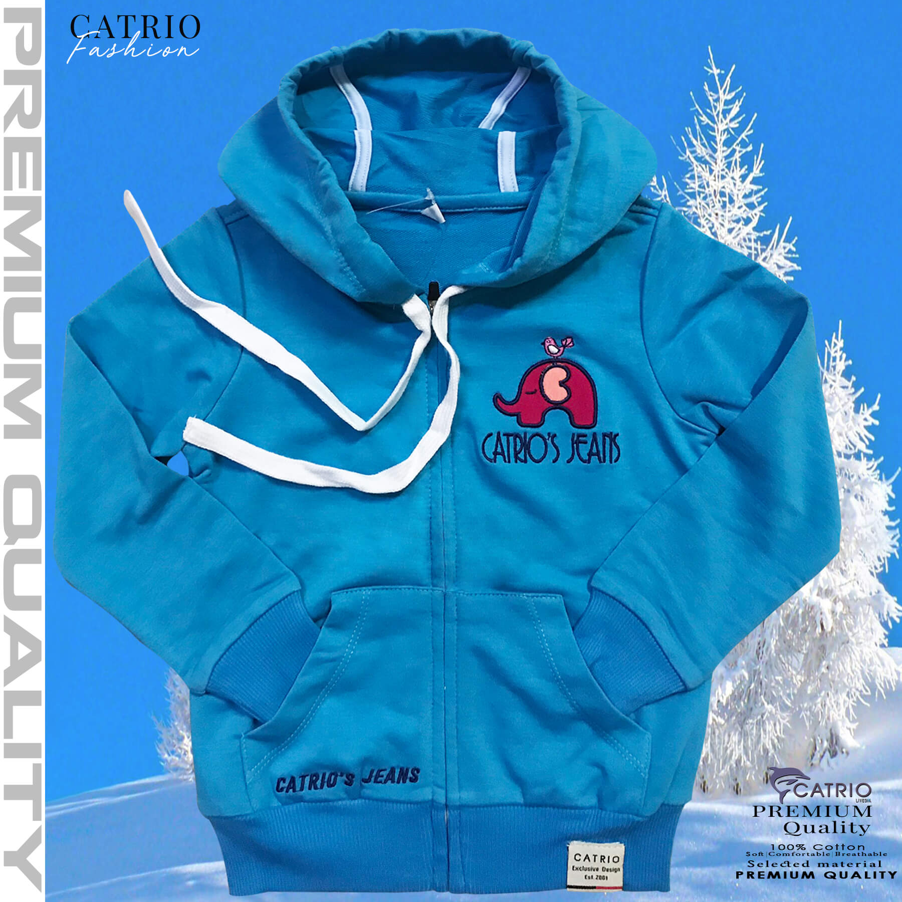 ÁO KHOÁC TRẺ EM CATRIO THÊU VOI là áo khoác thun nhẹ cho bé từ 2 tuổi đến 8 tuổi , vải 100% cotton dệt kiểu da cá, có mũ, có khoá kéo phù hợp bé mặc khoác ngoài khi lạnh