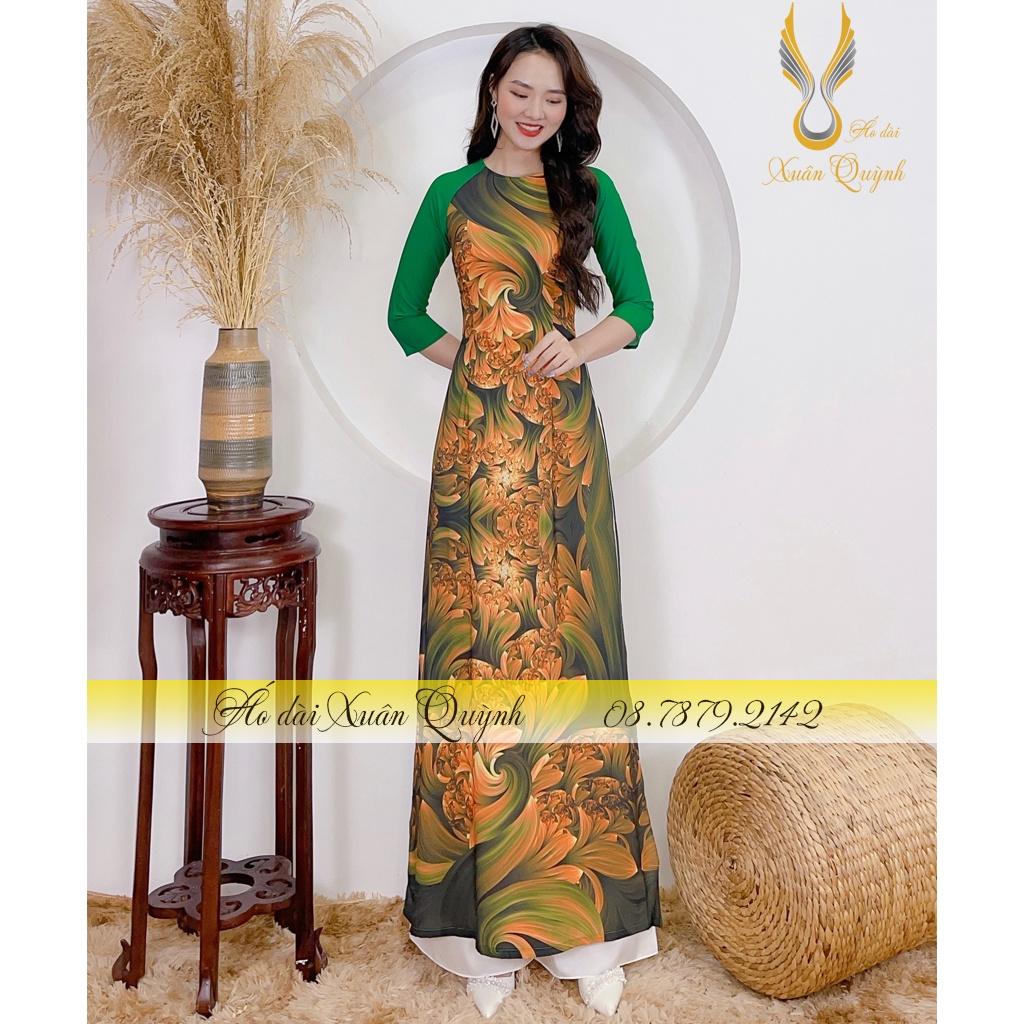 Áo Dài Họa Tiết Sóng Cuốn Trẻ Trung, Thanh Lịch Lụa Habutai Cao Cấp Mã K95