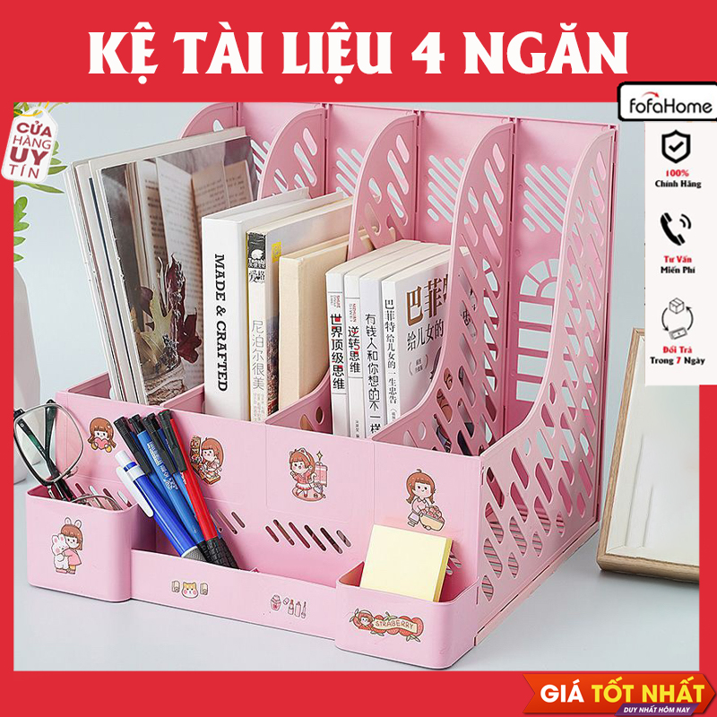 (Tặng Sticker) Kệ Đựng Tài Liệu Văn Phòng 4 Ngăn Kèm Khay Đựng Bút, Kệ Đựng Sách Vở Để Bàn Gấp Gọn
