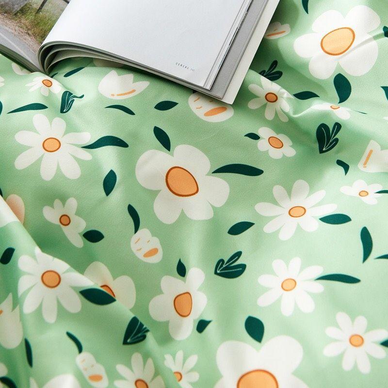 Bộ chăn ga gối hoa xanh Cotton Poly cao cấp LEEBedding, chăn ga Hàn Quốc, miễn phí bo chun drap ga giường theo yêu cầu