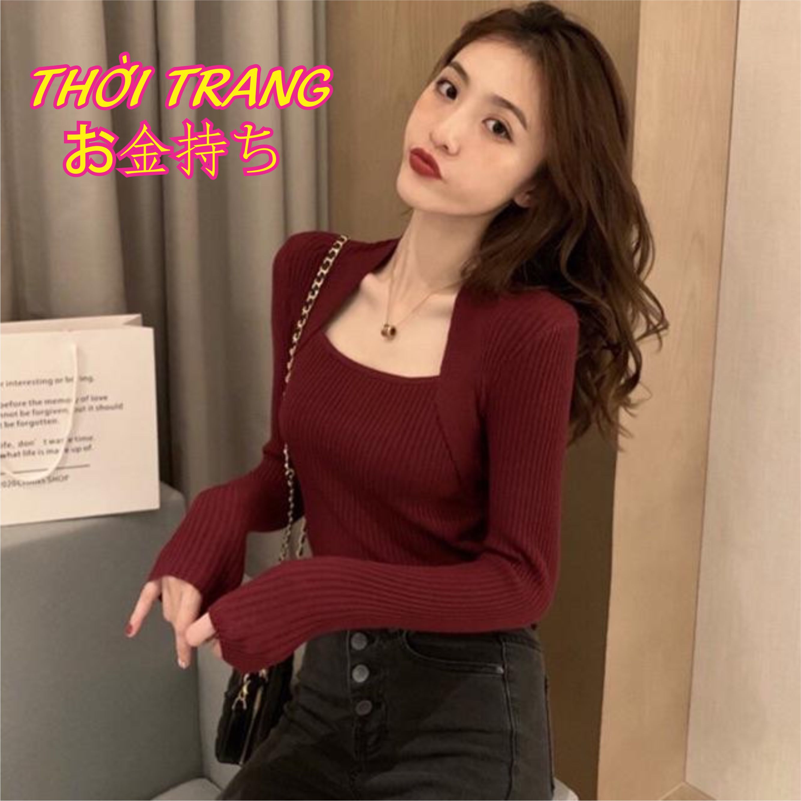 Áo len tăm nữ cổ vuông tay dài kiểu đẹp phong cách hàn quốc 504