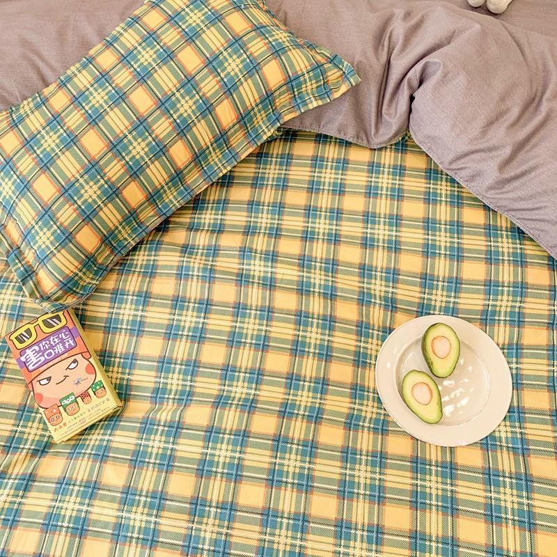 Bộ chăn ga Cotton Poly M2T bedding kẻ xanh vàng, vỏ chăn mền, drap giường và 2 vỏ gối