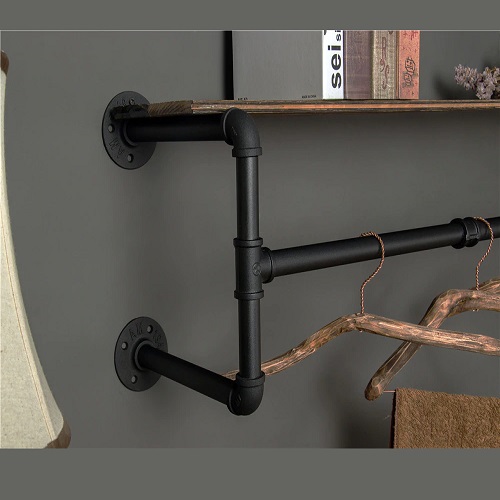 Kệ ống nước Kệ treo gắn tường kiêm giá treo quần áo 20x80x25cm Chất liệu gỗ , ống sắt 3ly cứng cáp trang trí quán và shop
