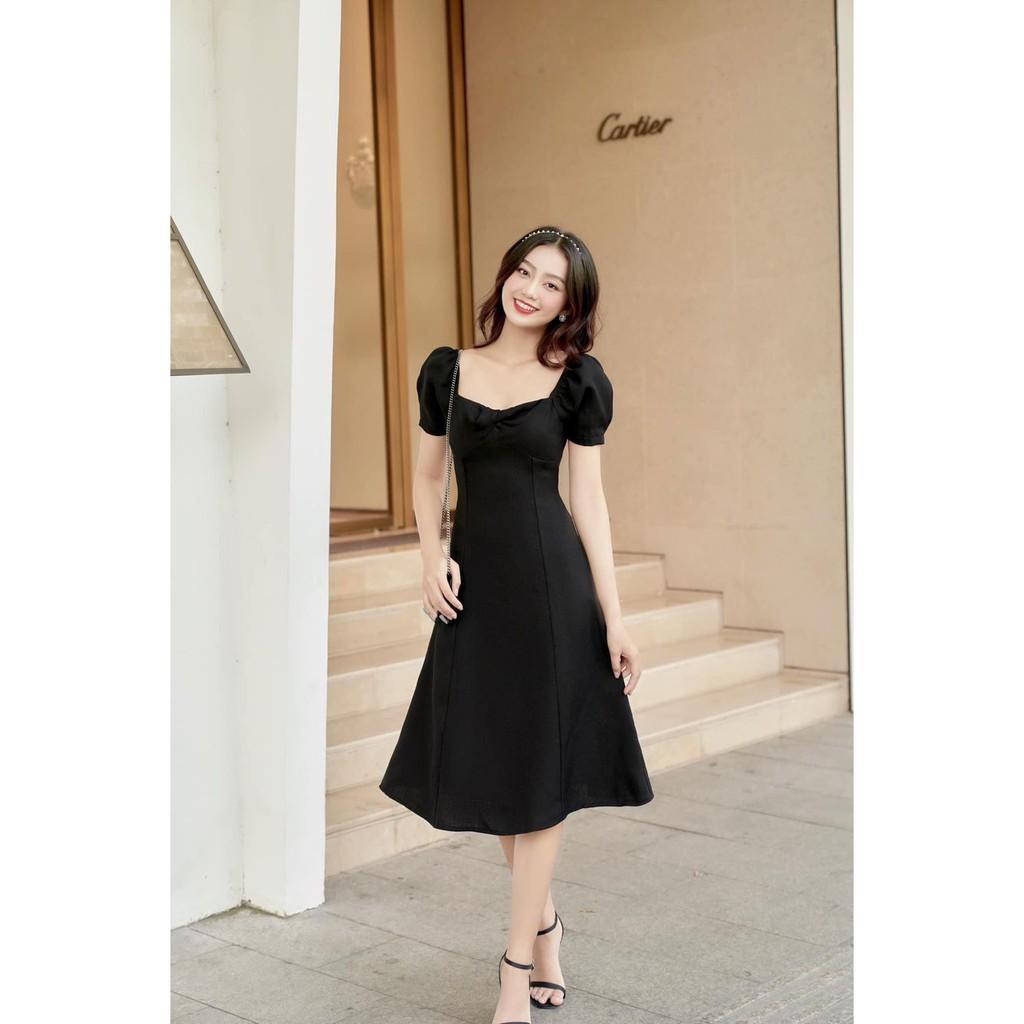 ĐẦM DỰ TIỆC TRẮNG ĐEN CÚP NGỰC TAY NGẮN DÁNG MAXI DÀI CỔ VUÔNG-hình thật shop chụp