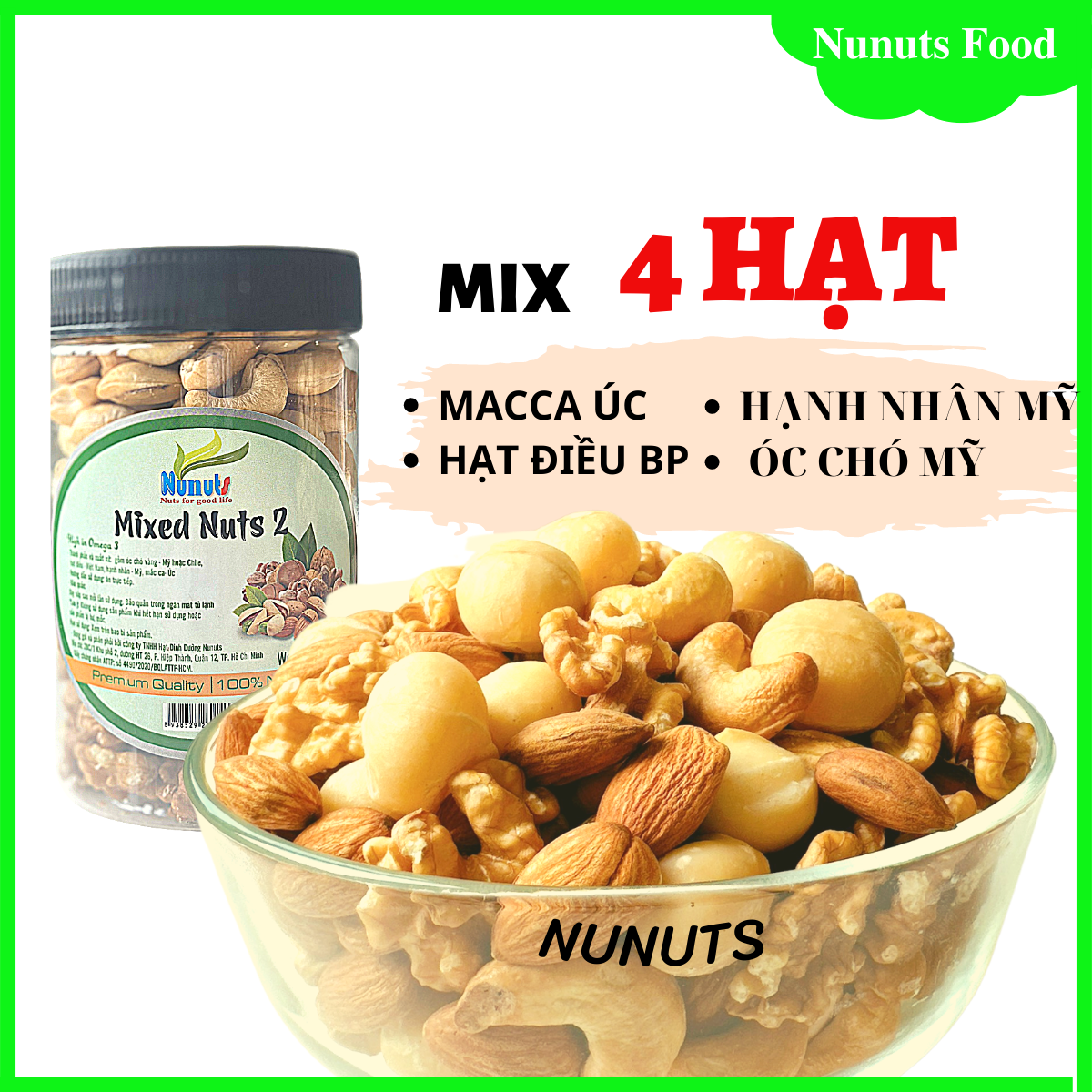 Mix hạt dinh dưỡng cho bà bầu gồm 4 loại tách vỏ ( macca Úc, hạnh nhân Mỹ, hạt điều Bình Phước, óc chó Mỹ) sấy giòn, nướng mật ong, làm sữa.