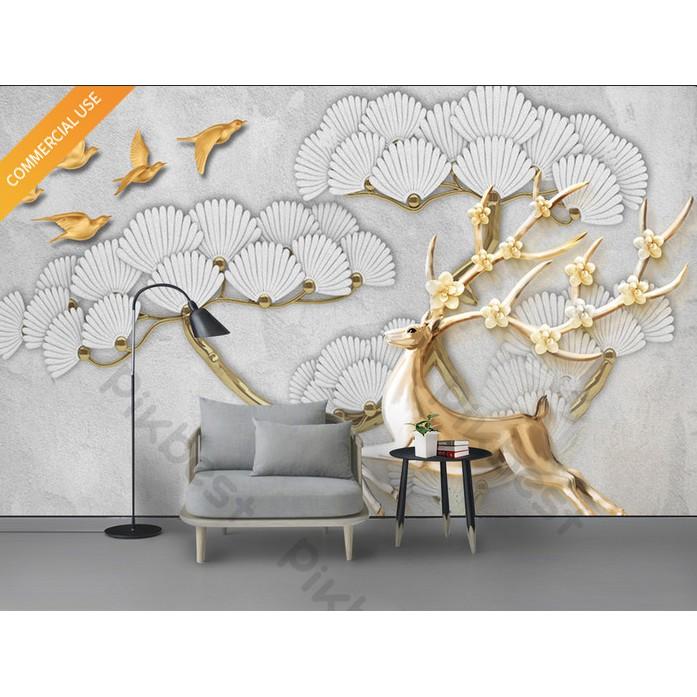 Tranh dán tường Tranh phong thủy hươu vàng may mắn, Tranh dán tường 3d hiện đại  MS1098740