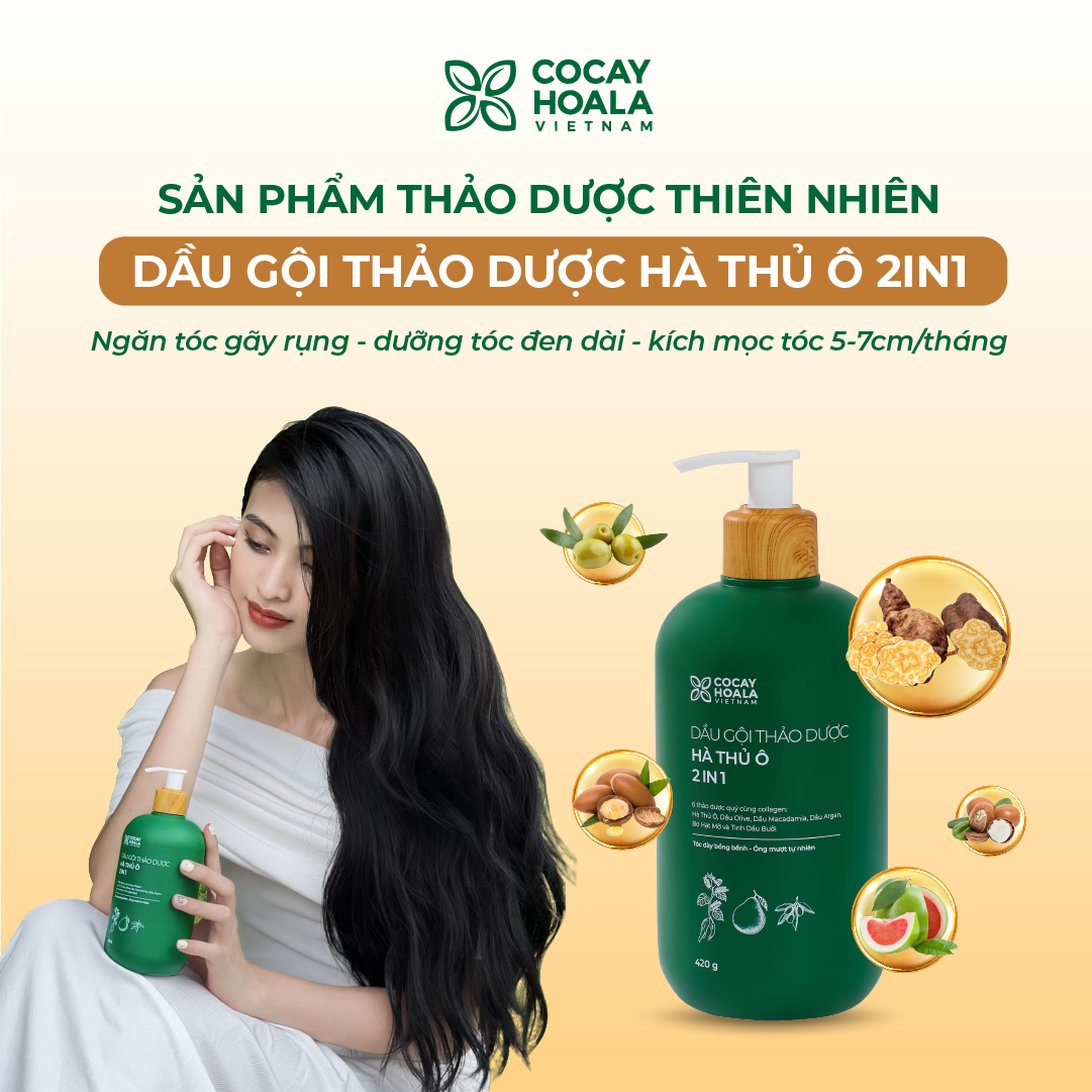 Dầu Gội Xả 2in1 Hà Thủ Ô Cỏ Cây Hoa Lá VIETNAM - Dưỡng Tóc Đen Mượt, Bóng Khỏe, Dung tích 420g/chai