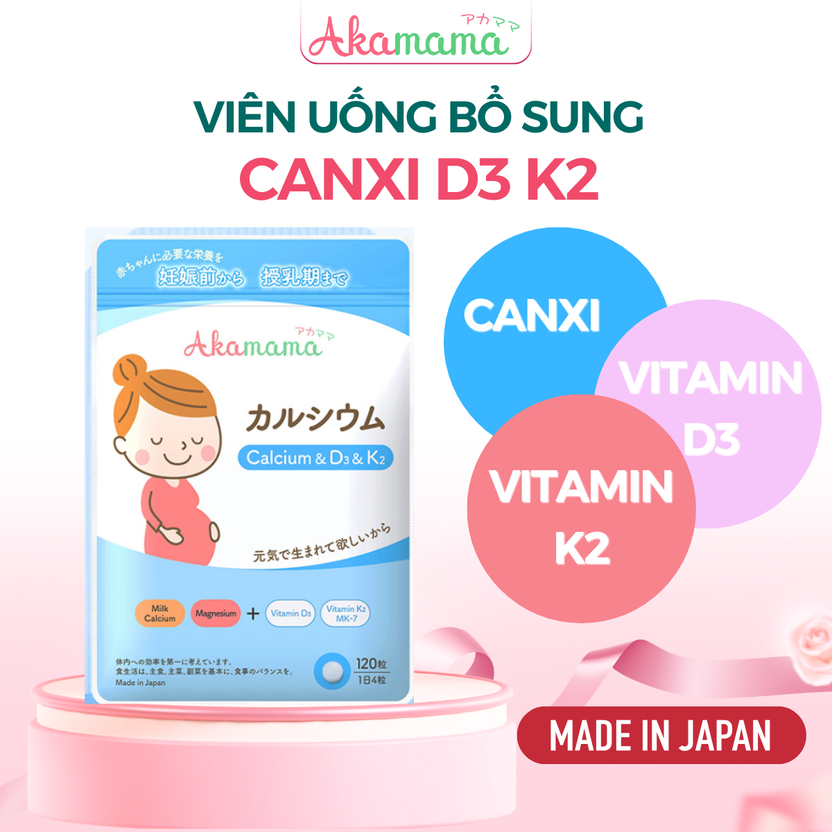 Combo Viên Uống DHA, EPA, Canxi D3 K2, Sắt, Acid Folic, Vitamin Tổng Hợp, Khoáng Chất Cho Mẹ Bầu Akamama Nhật Bản
