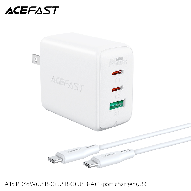 Sạc Acefast PD3.0 65W 3 cổng USB-C+USB-C+USB-A (US) - A15 Hàng chính hãng Acefast