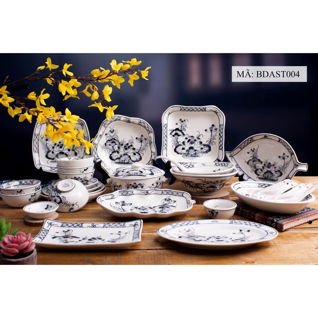 Bộ bát đĩa họa tiết hoa văn hoa SEN CÀNH XANH gốm sứ Bát Tràng