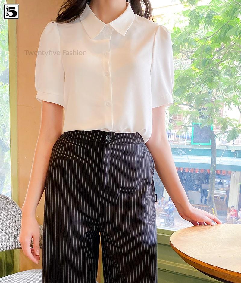 Sơ mi nữ ngắn, tay bồng, lá cổ tròn Twentyfive N172