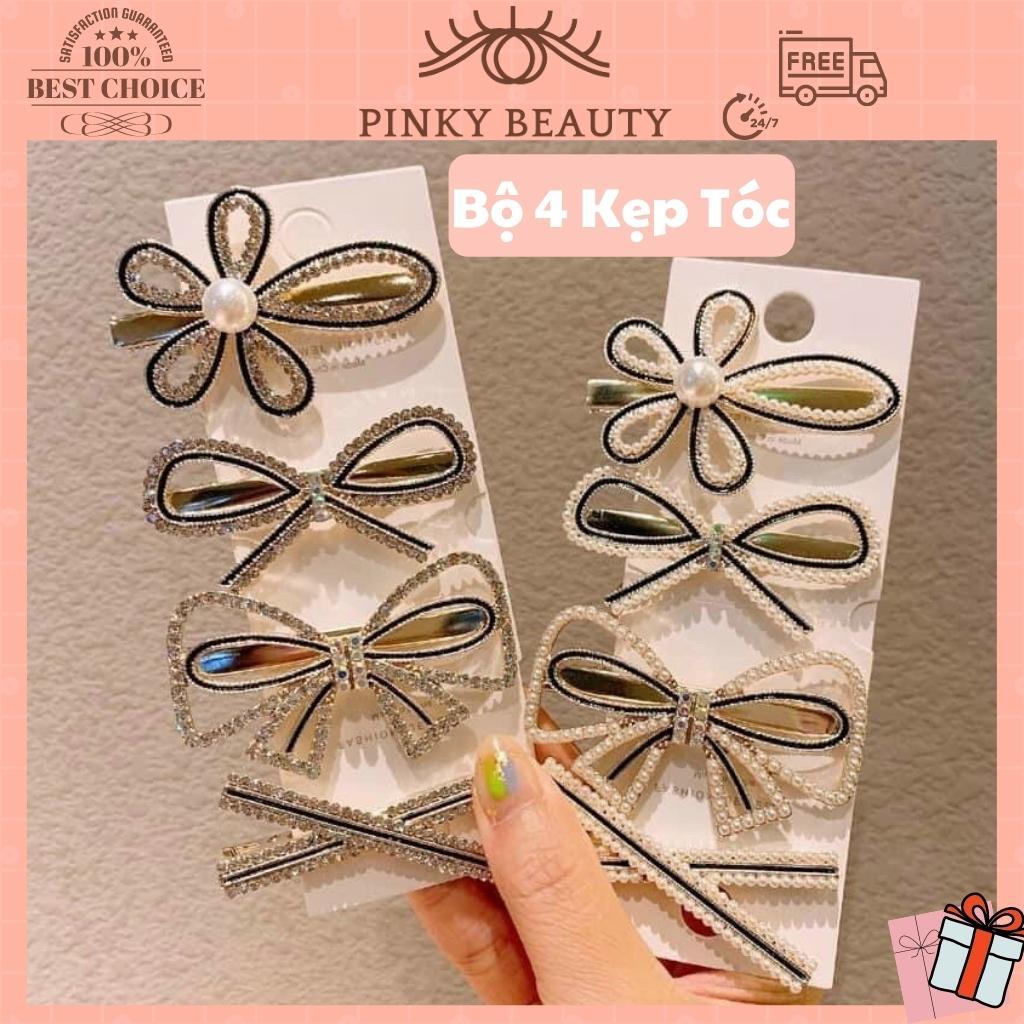 Set 4 Kẹp Tóc Đính Đá Ngọc Trai Nhân Tạo Phong Cách Hàn Quốc Pinky Beauty Sang Trọng Thanh Lịch Xinh Xắn