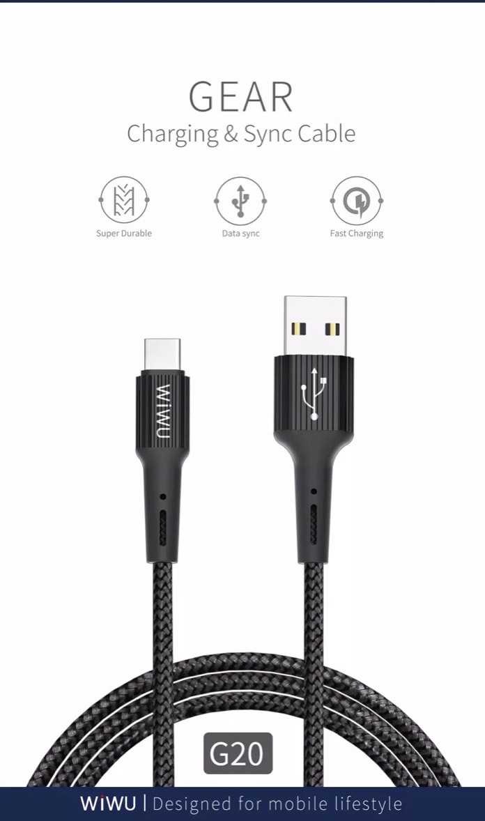 Cáp Wiwu Gear Charging &amp; Sync Cable 2.4A 1.2M G20 cho các thiết bị sạc Type-C, hỗ trợ sạc nhanh, chống rối - Hàng chính hãng