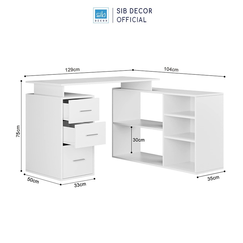 Bàn Làm Việc Góc Chữ L Có 3 Ngăn Kéo Màu Trắng BLV85 Thương Hiệu SIB Decor