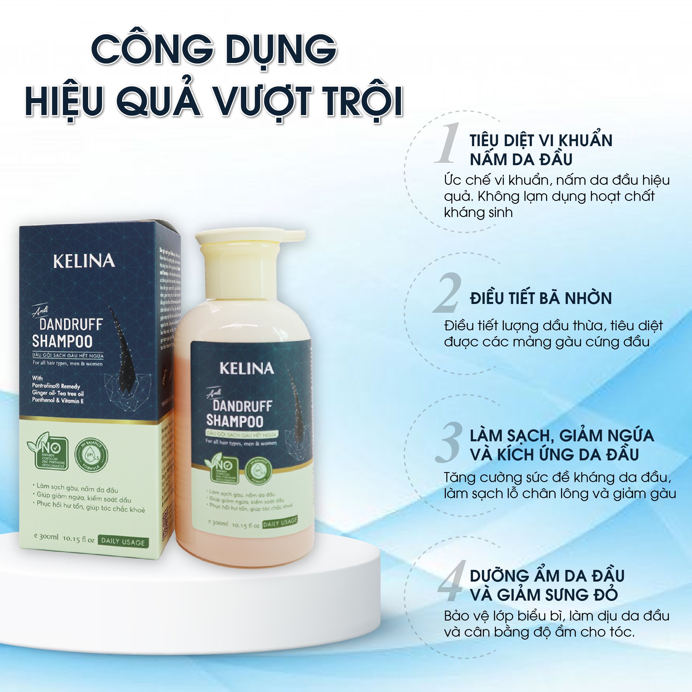 Dầu Gội Sạch Gàu Ngứa, Tiêu Trừ Nấm Da Đầu Kelina, Không Gây Khô Tóc, An Toàn, Hiệu Quả Nhanh, Ngăn Tái Phát Tốt 300ml