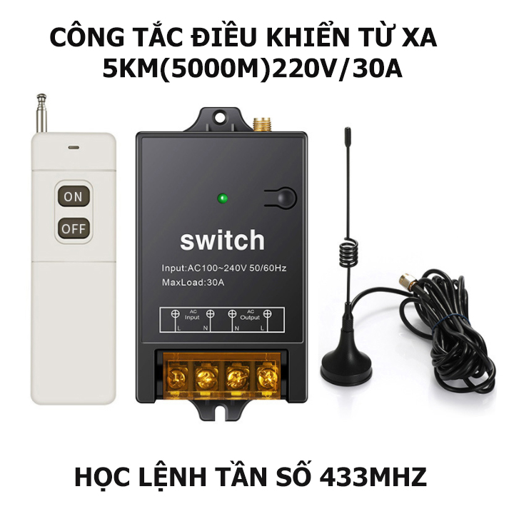 Công tắc điều khiển từ xa 5Km(5000m)/220V 30A có học lệnh tần số 433MHZ bật tắt máy bơm nước máy rửa xe công suất lớn