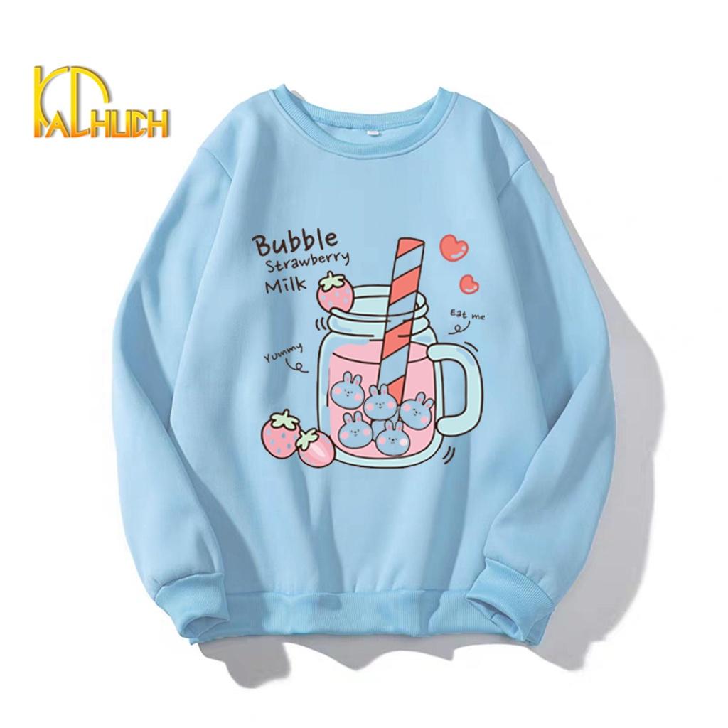 ÁO SWEATER NỮ IN BUBBLE STRAWBERY MILK NHIỀU SIZE NHIỀU MÀU LỰA CHỌN VẢI NỈ BÔNG