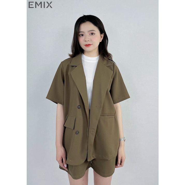 Set vest cộc tay EMIX (màu nâu), áo blazer cộc tay, quần short cạp cao, form rộng, có cúc, chất trượt hàn 109