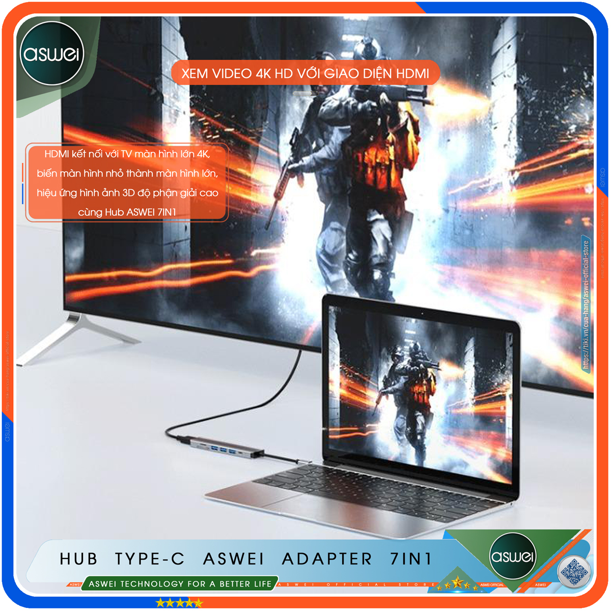 Hub Type C To HDMI ASWEI 7 in 1 Chuẩn HDTV - Hub Chuyển Đổi USB Type-C To HDMI 4K, USB 3.0, Sạc Nhanh PD 100W, USB-C, Đầu Đọc Thẻ Nhớ SD TF - Bộ Chia USB Kết Nối Tốc Độ Cao - Dành Cho Macbook, Laptop, PC, Máy Tính Bảng, Điện Thoại - Hàng Chính Hãng