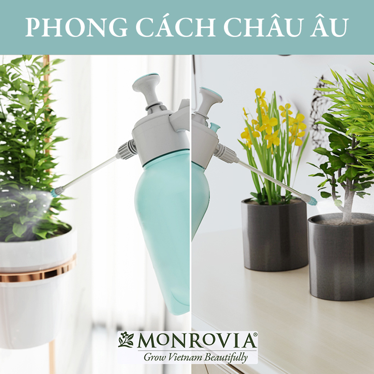 Bình xịt tưới cây MONROVIA 2 lít, phun sương tưới cây cảnh, vòi dài, tặng vòi ngắn, màu xanh, tiêu chuẩn Châu Âu