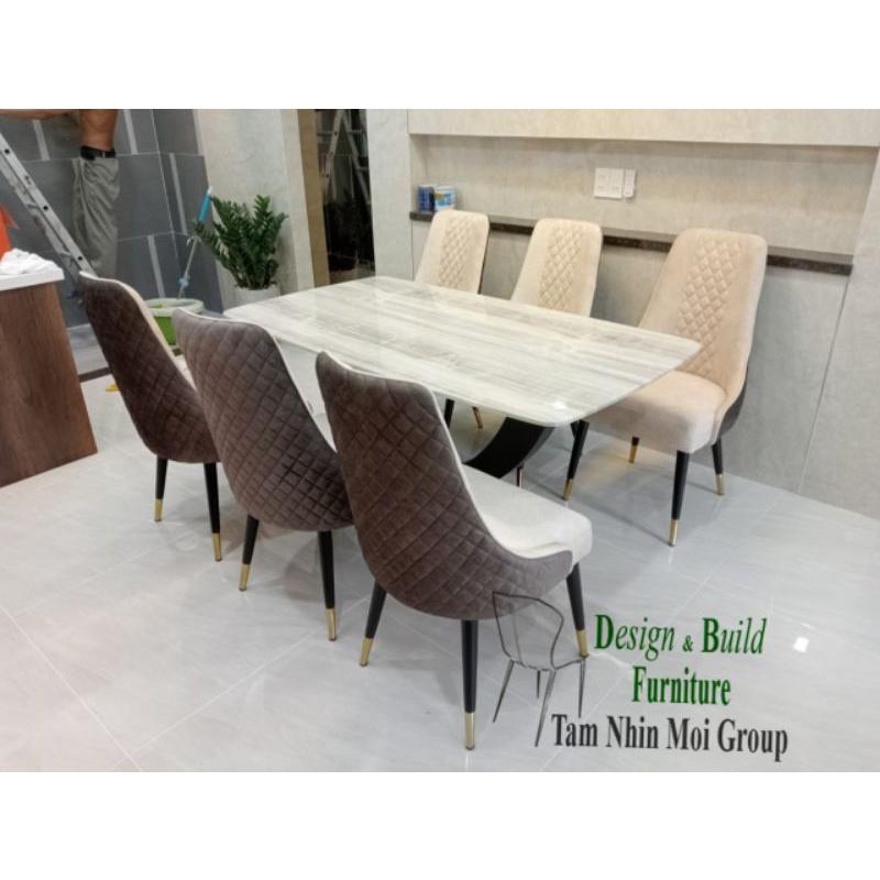 Bàn ăn 6 ghế mặt đá ceramic chống thấm, chân bàn sắt